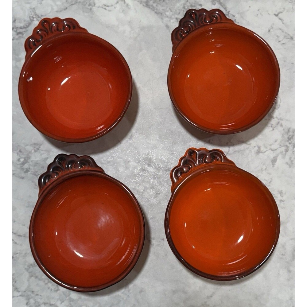Set of 4 Vintage Metlox Poppytrail Vernon Red Rooster Handled Bowls